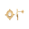 Boucles d'oreille Aura, motif ovale entouré de mini boules, et serti d'un cabochon ovale en pierre de lune blanche, monté sur tige. En plaqué or 750 millièmes, finition antique satinée. Vue de face et de profil.