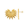 Boucles d'oreille Sofia, motif feuilles en éventail, en acier PVD doré. Présentées de face et de profil.