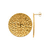 Boucles d'oreille Farah, disques 38mm martelés. En acier pvd doré. Présentées de face et de profil.