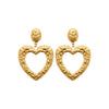 Boucles d'oreille pendantes XL Paloma, puce ovale et pendant coeur ajouré. En acier PVD doré texturé effet tweed.