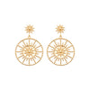 Boucles d'oreilles pendantes New SunSet 2 motifs soleil de 8 et 20mm montés sur tige. Finition perlée, en plaqué or 750 millièmes.