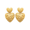 Boucles d'oreille pendantes XL Coco, puce cœur PM et pendant cœur GM. En acier PVD doré texturé effet tweed. 