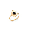 Bague Aura, motif ovale, entouré de petites boules, et serti d'un cabochon ovale en agate noir, sur corps fil. En plaqué or 750 millièmes, finition antique satinée.