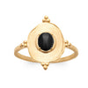 Bague Aura, motif ovale, entouré de petites boules, et serti d'un cabochon ovale en agate noir, sur corps fil. En plaqué or 750 millièmes, finition antique satinée. Vue de dessus.