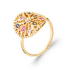 Bague Byzantine en plaqué or 750 millièmes, motif cercle ajouré serti de pierres multicolores posé sur un corps fil. Vue de 3/4
