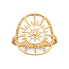 Bague New SunSet motif soleil finition perlée, rayons ajourés, entouré d'un cercle finition perlée. Corps de bague en fil perlé. Plaqué or 750 millièmes. Vue de dessus.