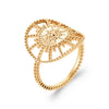 Bague New SunSet motif soleil finition perlée, rayons ajourés, entouré d'un cercle finition perlée. Corps de bague en fil perlé. Plaqué or 750 millièmes. Vue de 3/4.