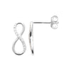 Puces d'oreille Infinity, motif infini serti d'oxydes de zirconium. Argent 925 millièmes rhodié. Présentées de face et de profil.