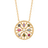 Collier Byzantine en plaqué or 750 millièmes. Pendentif cercle ajouré serti de pierres multicolores, fixé sur  chaîne forçat diamantée 45 cm. Anneaux intermédiaires à 42cm et 40cm.