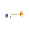 Boucles d'oreille mini, pierre ovale bleue serti clos sur plaqué or 750 millièmes, montées sur tige. Vue de face et profil.