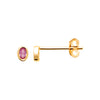 Boucles d'oreille mini, pierre synthétique ovale rouge, serti clos sur plaqué or 750 millièmes, montées sur tige. Vue de face et de profil