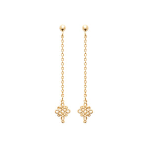Pendant d'oreille Palm, mini motif noeud infini et chaîne forçat diamantée sur puce boule. Plaqué or.